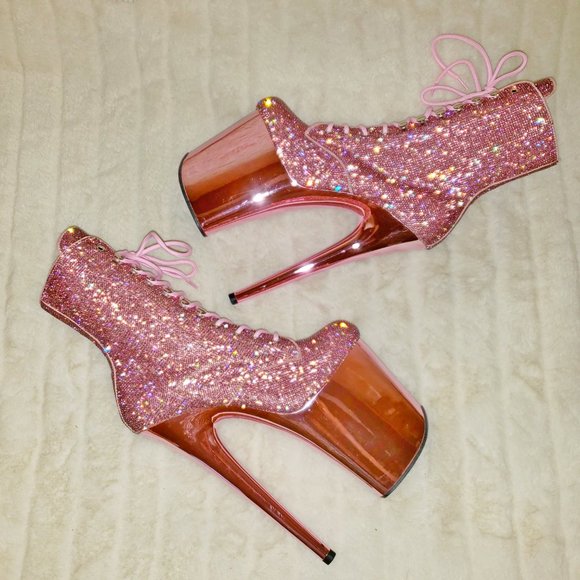 Bejeweled Baby Pink Rhinestone 8" Heel Platform Ankle Boots Flamingo - Picture 7 of 15